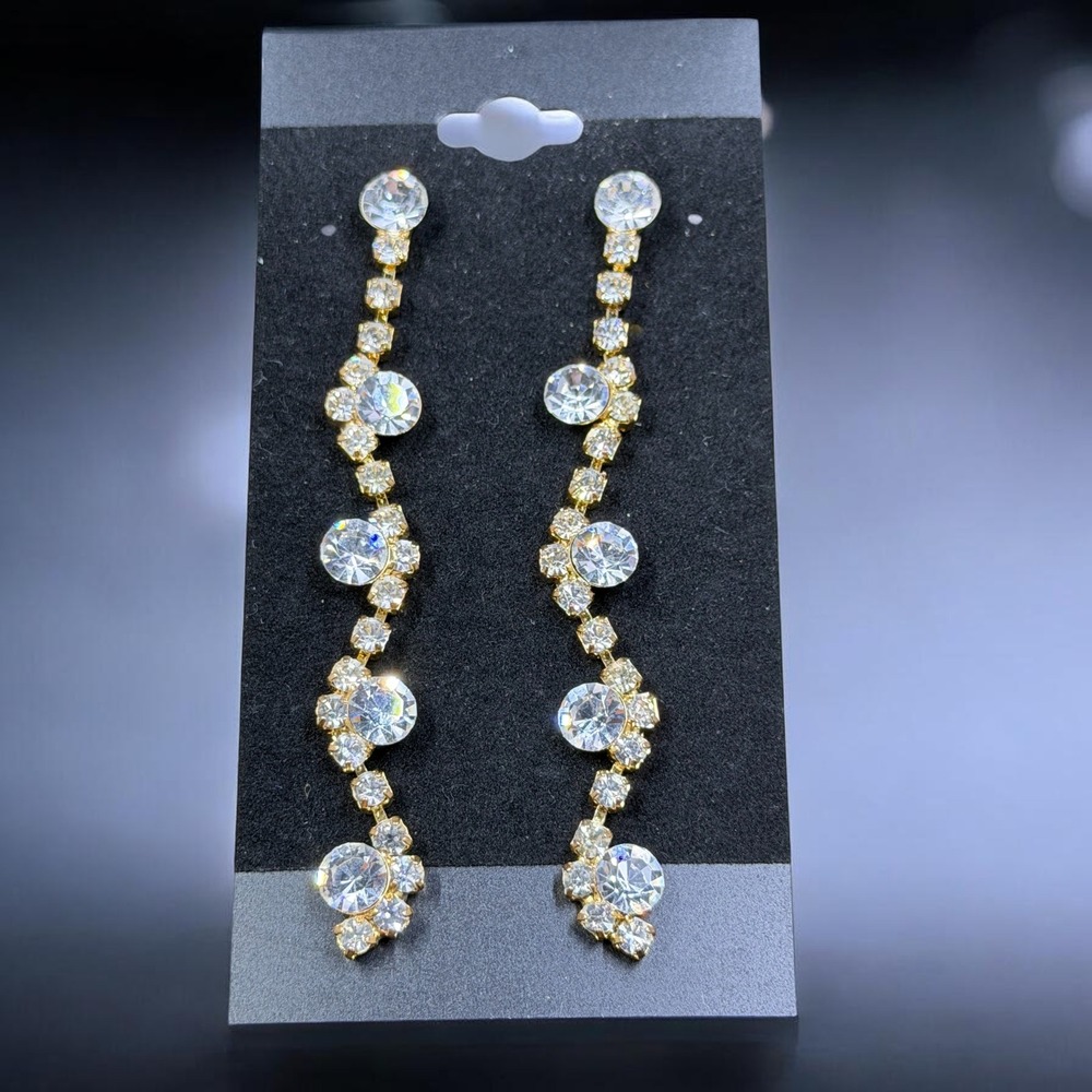 NWOT Gold Crystal‎ Wave Drop Earrings 3" Glam Statement Evening Bridal Jewelry